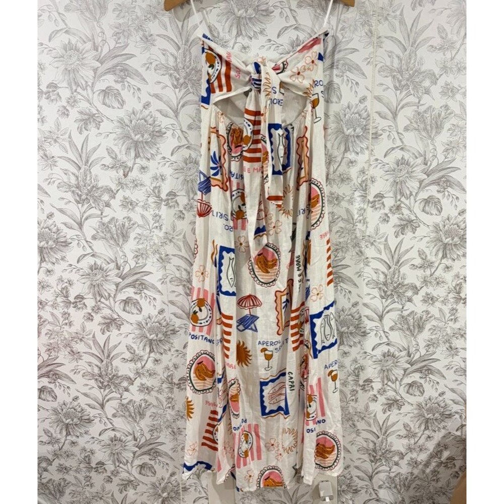 Paper Heart Dress Women XS Maxi Strapless Linen Blend Italy Capri Aperol Print - Picture 2 of 10